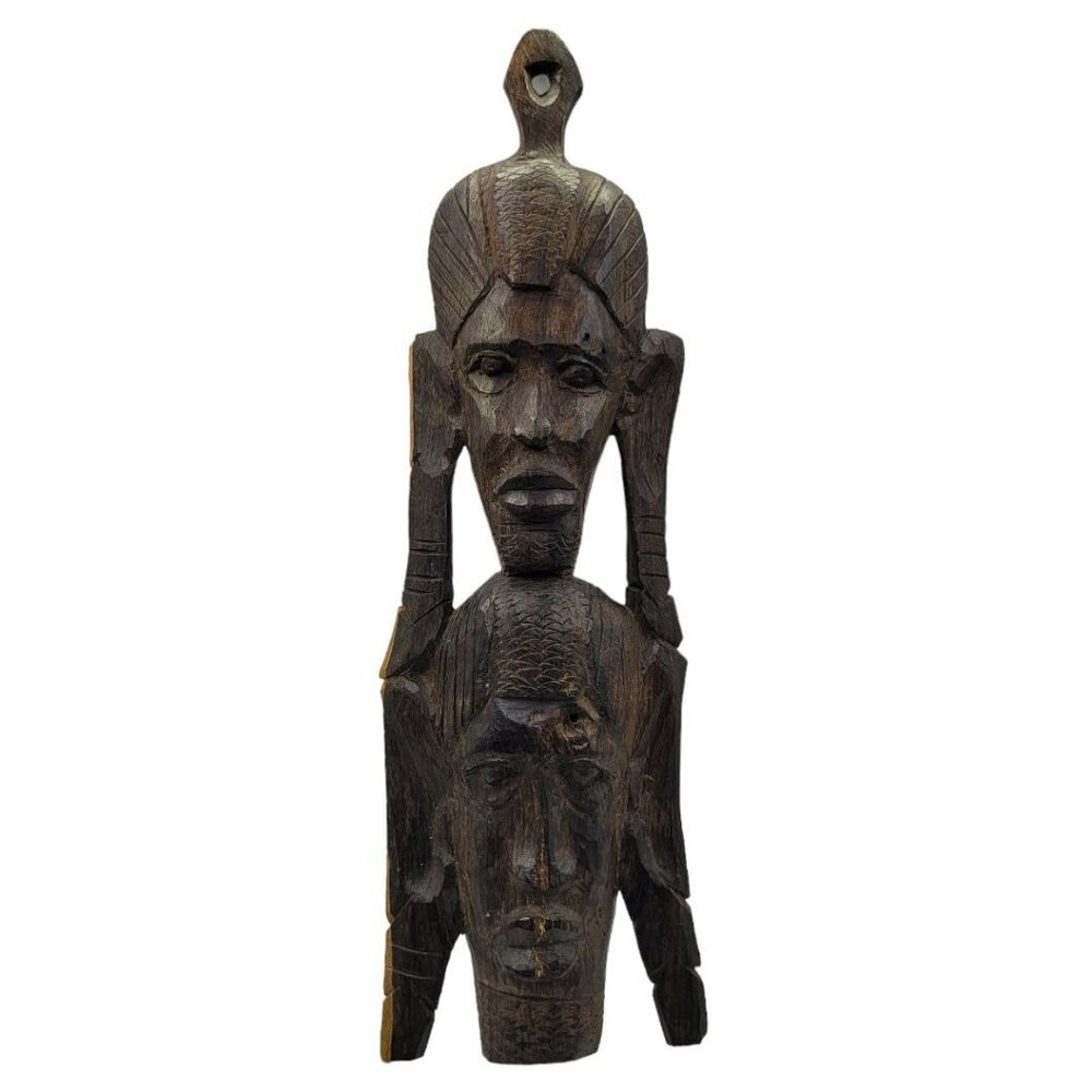 African Wood Carving Totem Handmade Faces Hanging Tribal Ethnic Afrohemian
